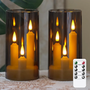 3 in 1 Flameless Taper Short Candles with 10 Key Remote Control and Timer, Battery Operated Pack of 2 LED Acrylic 3" x6" Grey Pillar Flickering Warm Light