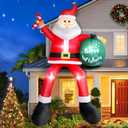8 FT Christmas Inflatable Santa Claus Outdoor Decorations, Blow up Sitting Santa Claus with Gift Bag, Climbing Santa Carrying Present Sack Sitting on Roof, Xmas Yard Patio Bench Shrubs Indoor Decor