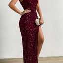 Zeflows Womens Sequin One Shoulder Sleeveless Wedding Guest Dresses High Split Sparkly Glitter Gowns Bodycon Maxi Dresses, Maroon-S (S)