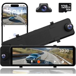 Rear View Mirror Camera, 3 Channel Mirror Dash Cam Front Rear and Inside, 11" Triple Rearview Mirro with 128GB Card, Backup Camera for Car Trucks with WiFi,Reverse Assist,Night Vision,Parking Monitor