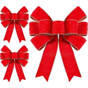DIYDEC 3PCS Christmas Red Bows Decorations 12 x 14 Inches Large Velvet Christmas Tree Wreaths Bows with Glitter Gold Edge for Xmas Home Fence Stairs Railing Fireplace Indoor Outdoor Front Door Decor