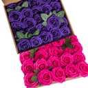 Hot Pink Foam Rose 50pcs Real Looking Fake Purple Rose with Stems Leaves for Home Decoration Party Garden Centerpieces DIY Wedding BouquetsHot Pink&Purple