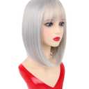 NOTICEME 14 Inch Silver Bob Wig with Bangs, Short Straight Synthetic Heat Resistant Wigs for Women with Adjustable Straps & Wig Cap for Party Cosplay Daily Use