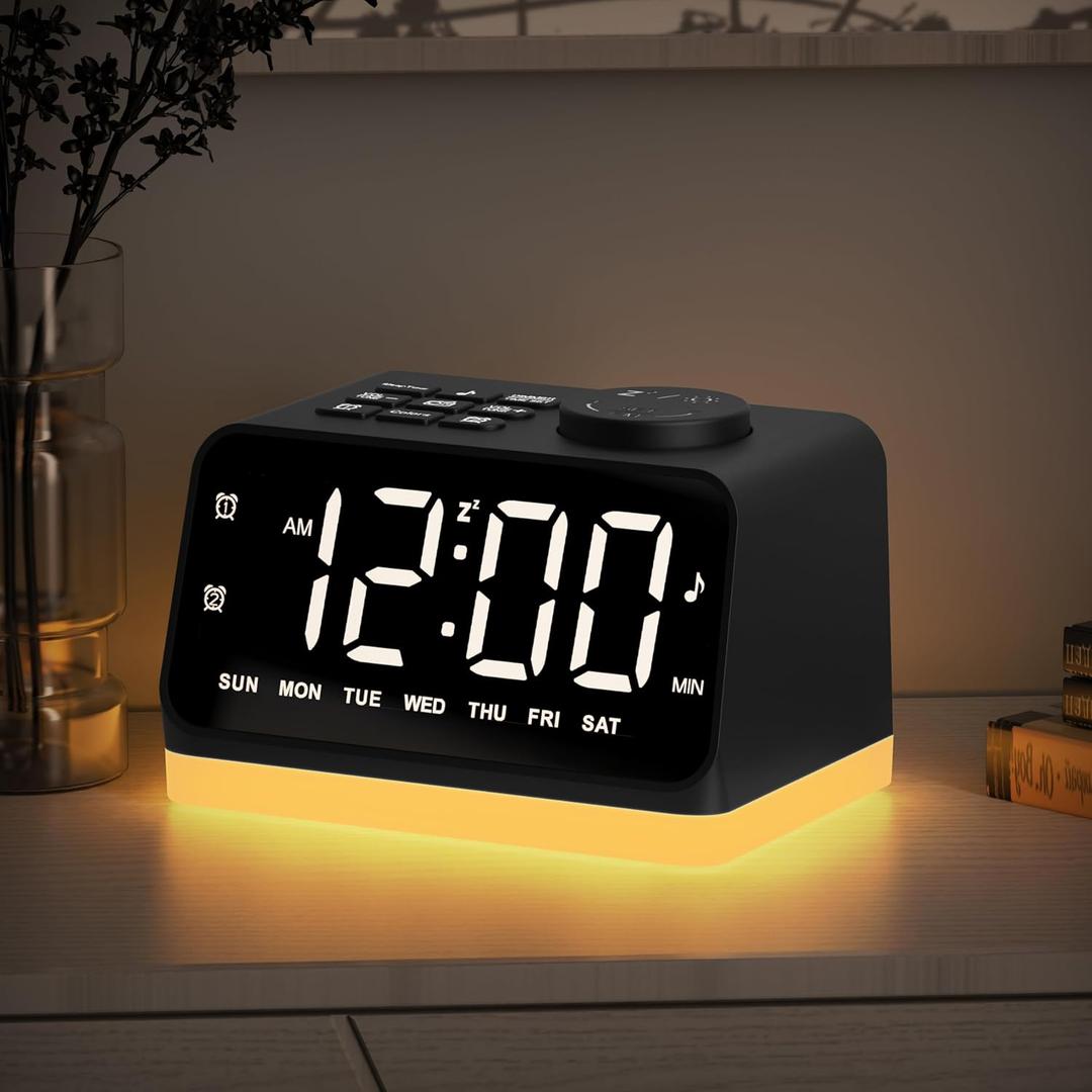 JALL Digital Alarm Clock with FM Radio for Bedroom, 8 Colors Night Light with 2 Charging Port, Sleep Sound Machines with Timer, Dual Alarm, Loud Alarm and Easy to Use for Seniors and Kids as Gift (Black With White Font)