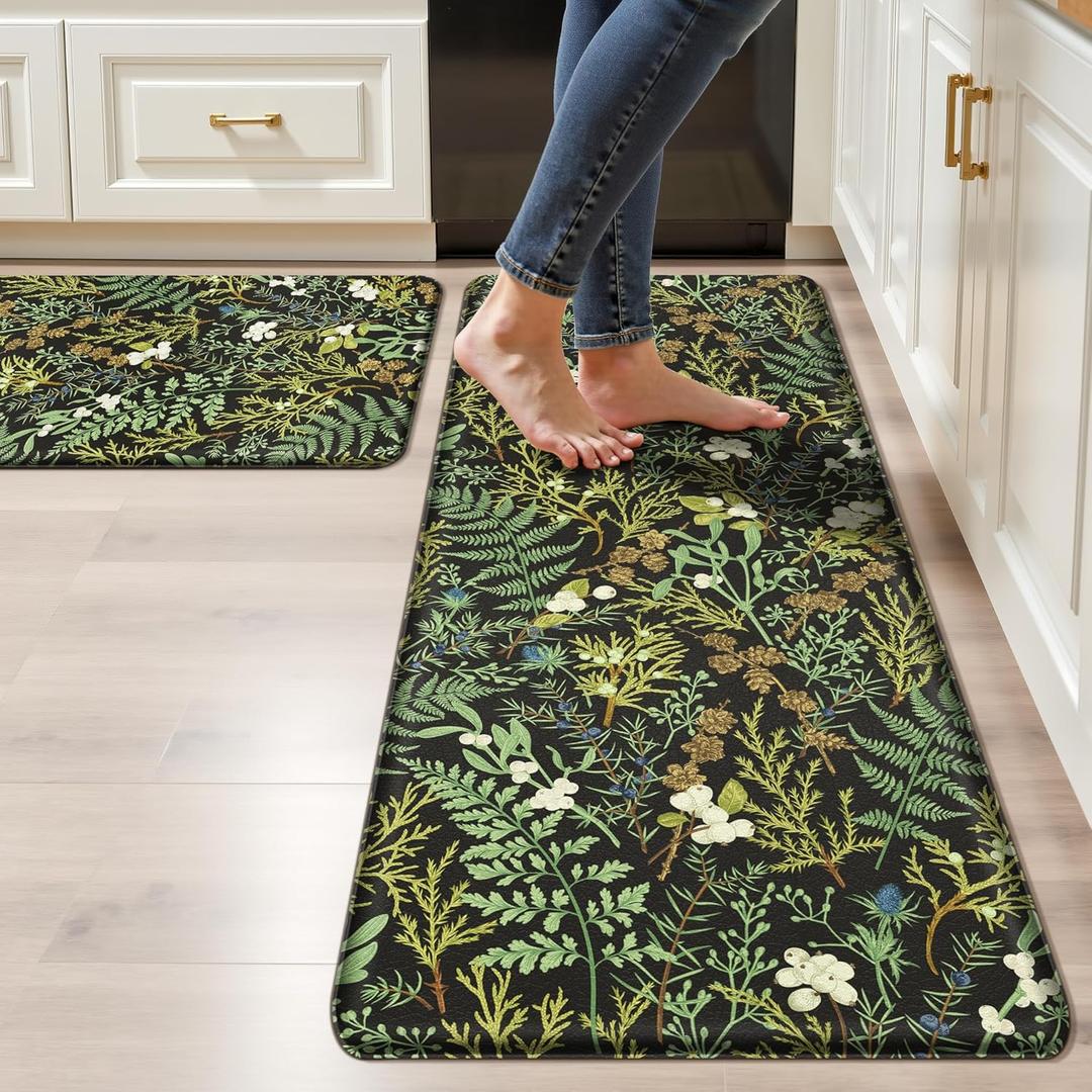 Black Green Botanical Kitchen Rugs Set of 2 Plant Leaf Anti-Fatigue Kitchen Mat Natural Comfort Standing Waterproof PVC Mats 2/5" Thick Leather Carpet for Laundry Office Sink(17.3" x28" + 17.3" x 47")