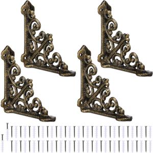 Blulu 4 Pack Decorative Shelf Brackets, Cast Iron Brackets 3 7/8" x 3 7/8" Heavy Duty Shelving Bracket for Bookshelf Wall Mount, Antique Style L Shelf Bracket for DIY Floating Shelves(Antique Brass)