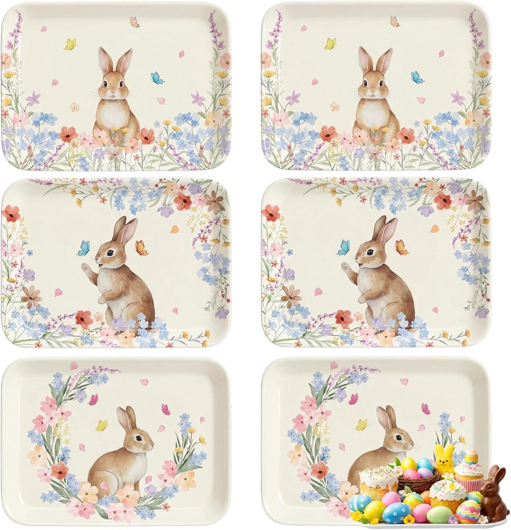 6 Pcs Easter Serving Trays 13 x 10 Inch Watercolor Bunny Reusable Platters Rabbit Flowers Rectangular Dishes for Serving Food Candy Cookies Desserts Spring Happy Easter Party Supplies