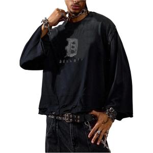 Men's Loose Long Sleeve Crew Neck T-Shirt with Sparkling Rhinestones, L