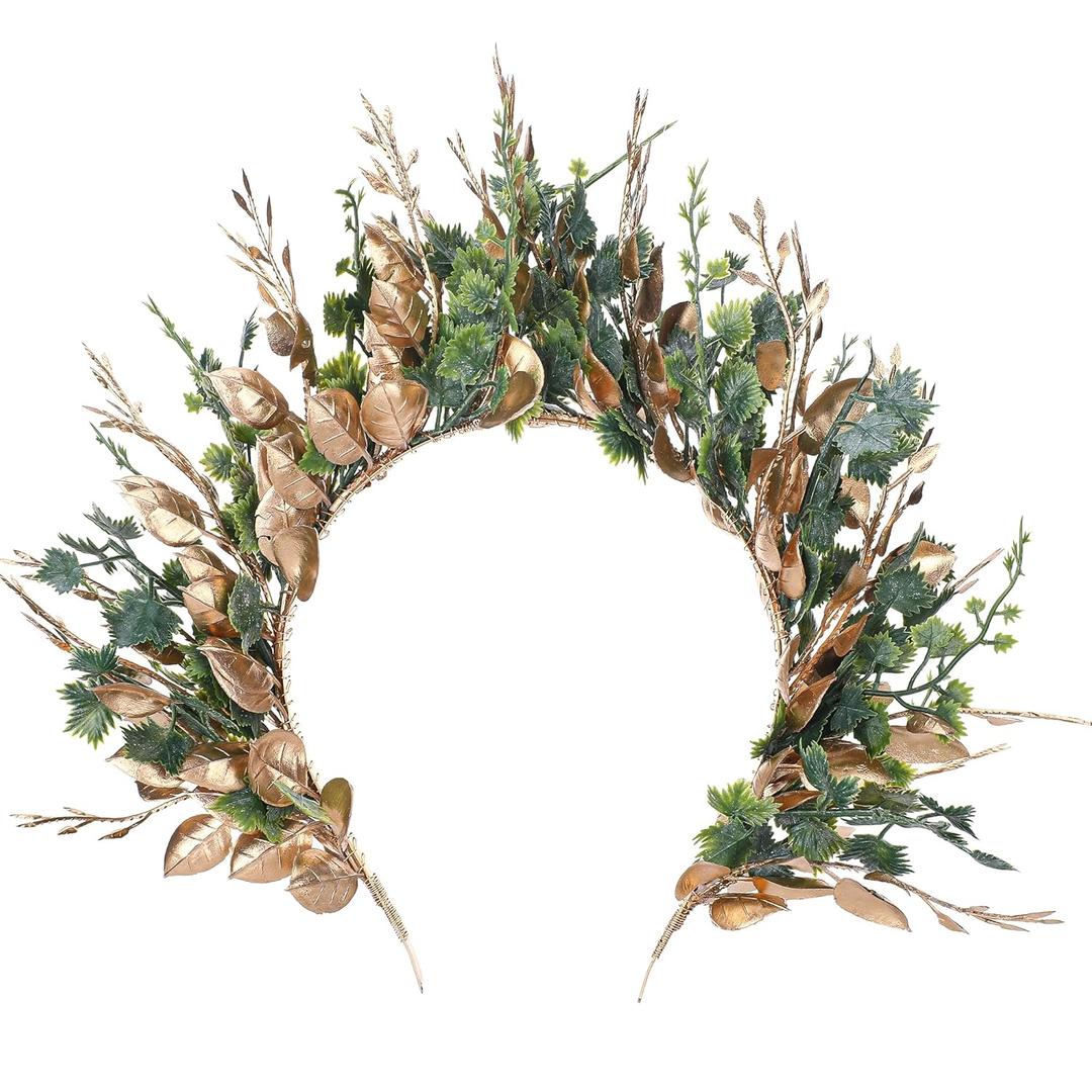 MOSTORY Handmade Woodland Halo Crown - Forest Headband Flower Hairband Goddess Floral Crown for Women s Cosplay Party Renaissance Mardi Gras Carnival Wedding Photo Shoot Gold Green