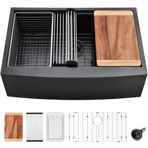 33 Inch Black Farmhouse Sink Workstation-VASOYO 33x22 Farm Sink Black Stainless Steel Apron Front Farmhouse Kitchen Sinks Undermount 16 Gauge Single Bowl Deep Kitchen Sinks with Cutting Board