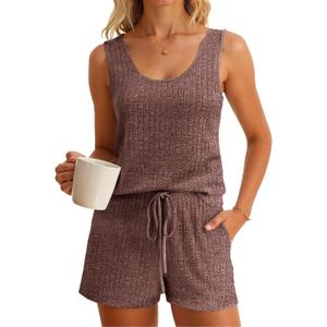 Imily Bela Womens Pajama Sets 2 Piece Sleeveless Summer Pjs Ribbed Knit Tank Top and Shorts Cute Lounge Sleepwear (Small, Coffee)