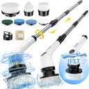 Electric Spin Scrubber Upgraded Battery with Extra-Long Runtime, IPX7 Waterproof Power Cleaner with 7 Brush Heads, 2 Speeds Adjustable Long Handle for Bathroom, Floor, Shower, Tile & Kitchen Cleaning (White)