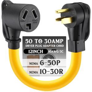 6-50P to 10-30R Dryer Adapter Cord, 3 Prong 50amp 6-50 Male Plug to 30 Amp 10-30 Female Connector Adapter, Welder to Old Style Dryer Power Adapter, STW 10 Gauge 12Inch, ETL Listed
