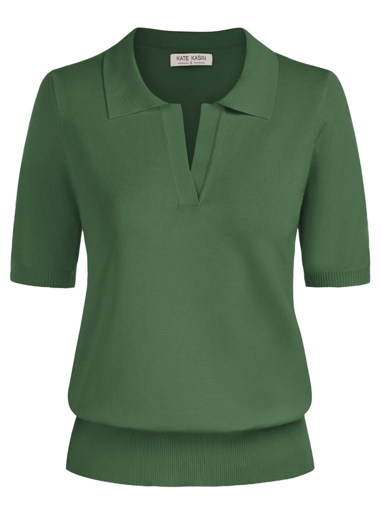 Kate Kasin Women Short Sleeve Polo Sweater V Neck Knitted Tops Casual Ribbed Shirt Loose Pullover Sweater, Medium Kate Kasin Women Short Sleeve Polo Sweater V Neck Knitted Tops Casual Ribbed Shirt Loose Pullover Sweater, Medium