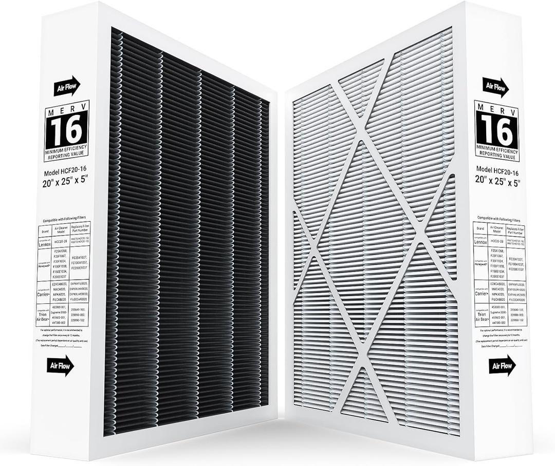 2 Pack 20x25x5 MERV 16 Air Filter Compatible with 20x25x5 Healthy Climate Carbon-Clean MERV 16 Filter for HVAC System, Replaces Part # HCF20-16, HCF20-10