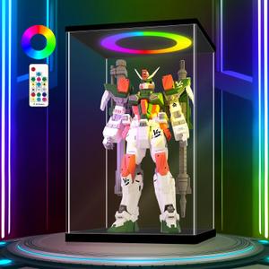 LANSCOERY Clear Acrylic Display Case with RGBW LED Light, Black Display Box with Open Door, Dustproof Showcase, Perfect for Figures Collectibles - 13.8x9.8x21.2 inch