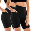 Leafigure 2 Pack Womens Biker Shorts with Pockets, High Waisted Tummy Control Yoga Shorts for Women Running Gym and Workout, Size L/XL