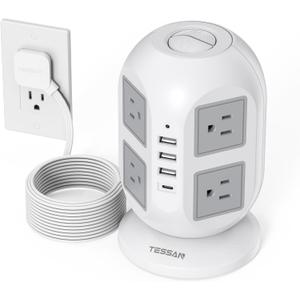 TESSAN Tower Surge Protector Power Strip 10 ft, Long Flat Extension Cord with Multiple Outlets, 8 AC Outlets with 4 USB Ports (1 USB C), Charging Station with Surge Protection, for Home Office Dorm