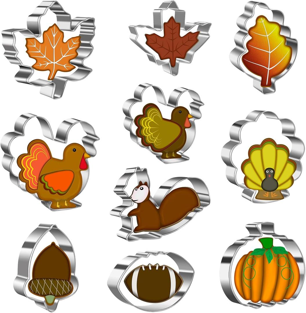 Thanksgiving Cookie Cutters Set Pumpkin, Football, Turkey, Maple Leaf, Oak Leaf, Squirrel, Acorn - 10Pce Fall Holiday Cookie Cutters - Large for Fall Thanksgiving Party (Gift Package)