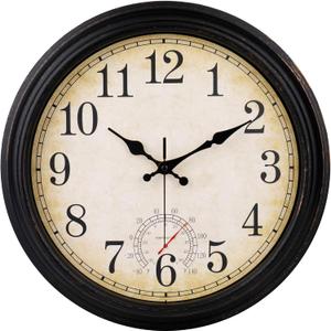 Wall Clock Vintage Style Inodor Outdoor Clock 16 Inch Large Wall Clocks Waterproof with Thermometer for Living Room Patio Pool Garden (Bronze)