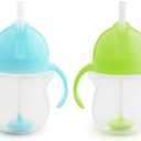 Munchkin Any Angle Sippy Cups for Toddlers, Spill Proof Weighted Straw Cup with Transition Handles for Babies 6 Months and Up, Pack of 2, Blue/Green