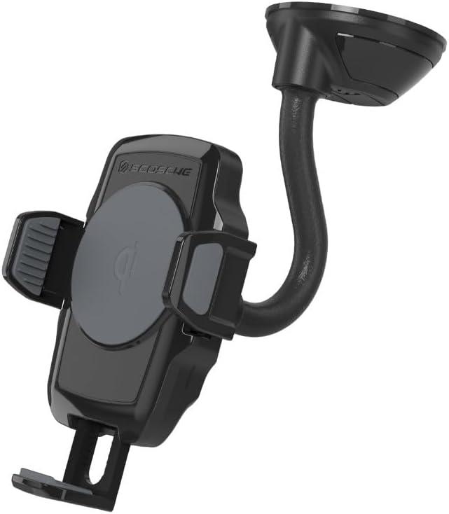 SCOSCHE WDQ2M STUCKUP Qi Car Phone Holder Windshield, Dashboard or Vent Mount | Stick Grip Suction Cup Base | Non-Magnetic | Black Charger with Car Adapter and Type-C Cable