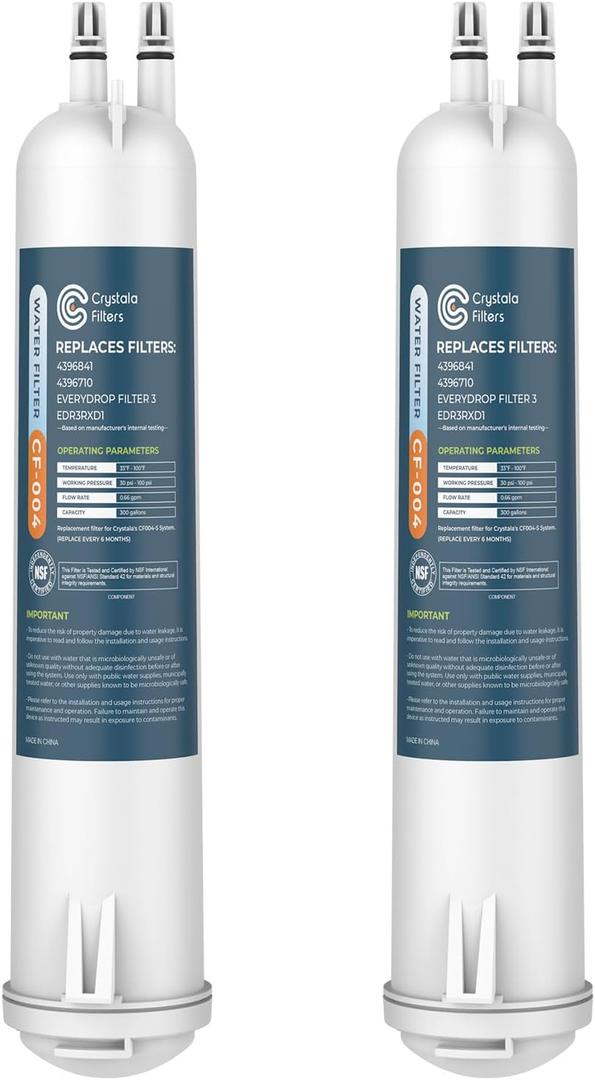 Crystala Filters Compatible with 4396841 Refrigerator Water Filter, EDR3RXD1, KAD3RXD1, WHR3RXD1, 4396841, 4396710, Filter 3, 46-9083,46-9030, 9030, 9083 Refrigerator Water Filter, 2 Pack