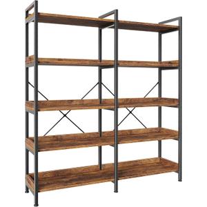 Huuger 5 Tier Bookshelf, Display Bookshelf with 10 Open Shelves and Raised Baffle, 47.2 Inch Straight Wide Bookcase with Metal Frame and Wooden Board, Adjustable Feet, Rustic Brown