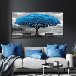 Blue Tree Framed Canvas Wall Art for Living Room Large Size Wall Decor For Bedroom Black And White Wall Pictures Lake Scenery Wall Painting Office Decor Room Home Decoration Black Framed 20X40IN (20L" x 40W")