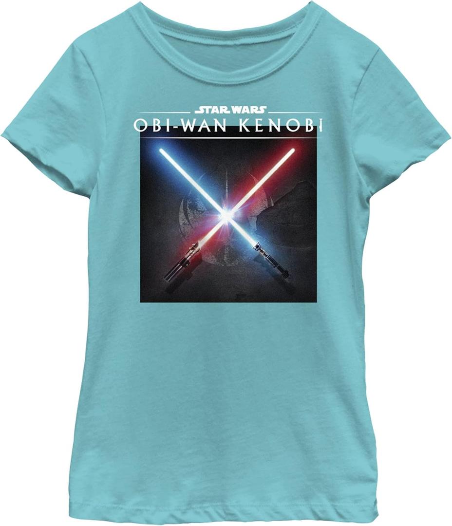 STAR WARS Light Saber Clash Girls Short Sleeve Tee Shirt (Large, Tahiti Blue)