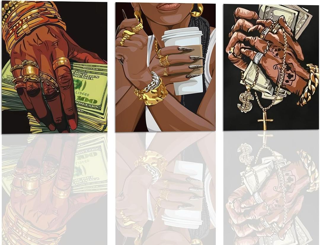 AXKXA 3 Pcs African American women canvas wall art prints fashion women vintage luxury glamour poster modern picture wall decoration painting for living room bedroom gallery 12x16 in unframed (Black Finger)