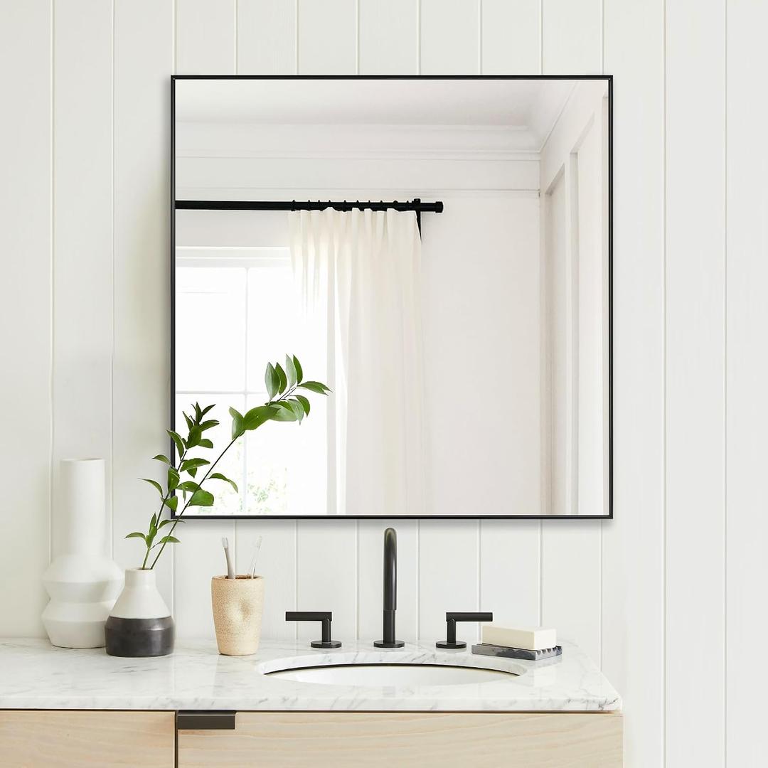 LEDLUX 30x30 Inch Black Bathroom Mirror, Copper-Free Mirror, Aluminum Alloy Frame Vanity Mirror, Rectangle Wall Mounted Mirror, Modern Mirror for Bedroom/Living Room/Porch Horizontal or Vertical