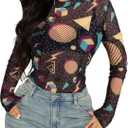 80s 90s Mesh Long Sleeve Shirt Women 90s 80s Themed Party Outfits Retro Sexy Neon Disco See Through Mock Neck Tops (Black, XXL)