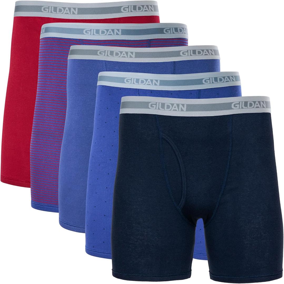Gildan Men's Underwear Boxer Briefs, Multipack (Large, Cardinal Red/Stripe/Metro Blue/Dot/Navy (5-pack, Classic Length))