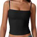 QINSEN Women's Double Lined Basic Tank Top Adjustable Spaghetti Straps Sleeveless Camisole Shirts (Black), S