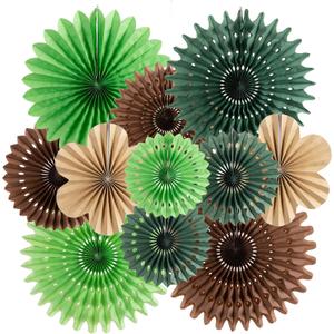 11 Pcs Hanging Paper Fans Decoration Green and Brown Paper Flowers Deco Tropical Jungle Birthday Party Decorations for Summer Safari Carnival Party Supplies