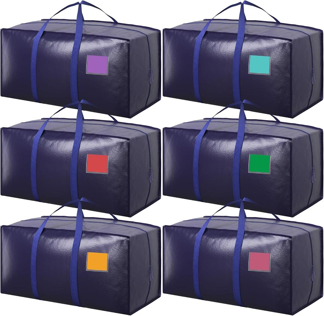 6 Pack Moving Bags Heavy Duty 210GSM with Full-Open Side Zipper, 93L 65lbs Waterproof Foldable Storage Totes for College Dorm Move-In, Moving Boxes Alternative & Home Organization, Blue
