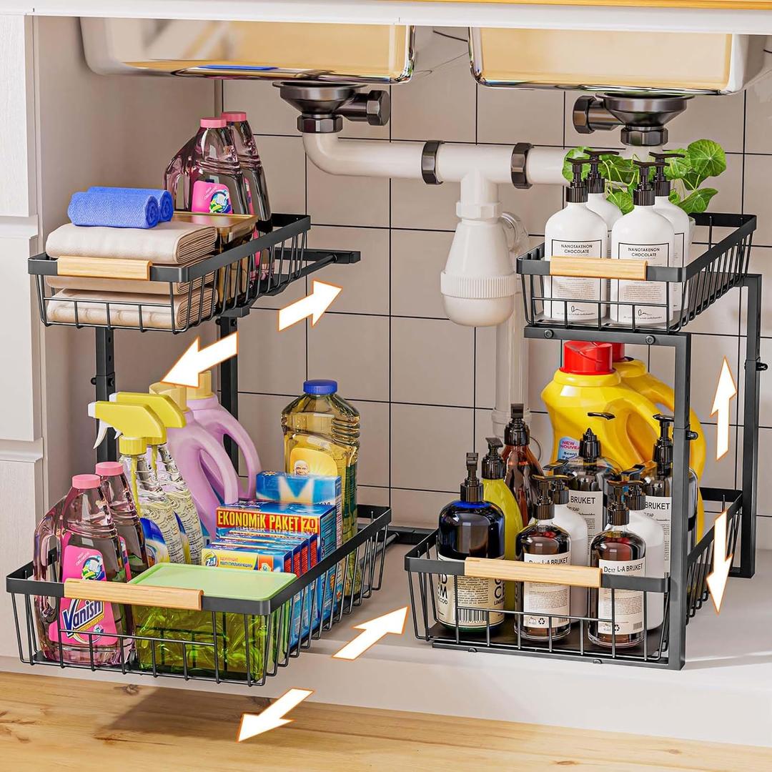 Under Sink Organizer and Storage, 2 Pack Slide Out Under Cabinet Storage Pull Out Sink Shelf Cabinet Storage Shelves, Undersink Organizers for Kitchen Bathroom Cabinet
