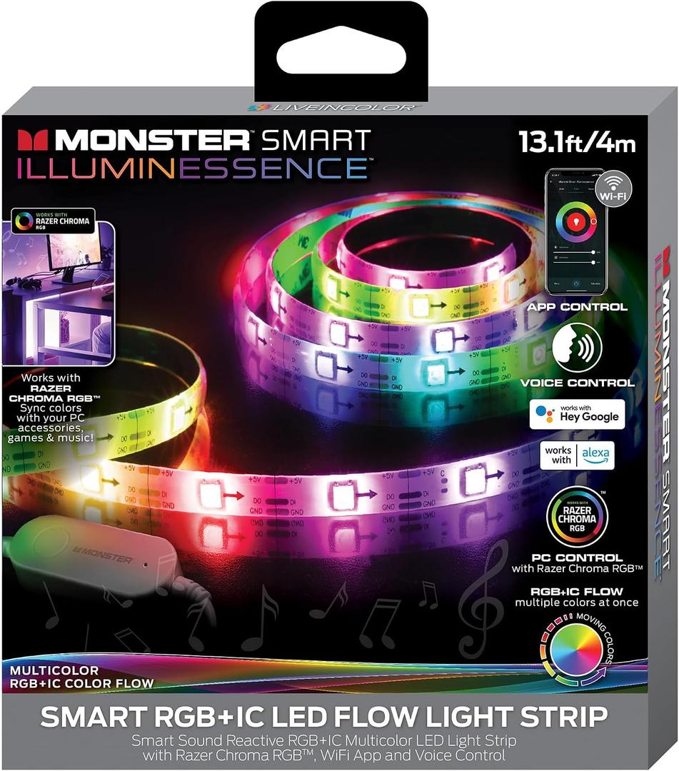 XTREME Monster 13.1ft Sound Reactive Multi-Color Color Flow LED Light Strip, Smart App & Voice Control, Easy Assembly