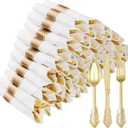 50 Pack Gold Plastic Silverware with Pre Rolled Napkins for 50 Guests, Heavyweight Gold Disposable Utensils Sets Includes 150 Plastic Cutlery, and 50 Napkins for Party & Wedding