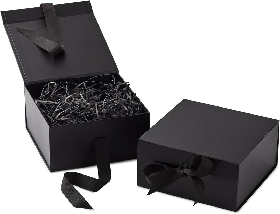 Hallmark Medium Gift Boxes with Bow and Shredded Paper Fill, Pack of 2 (Black 8 inch Box) for Weddings, Graduations, Birthdays, Father's Day, Groomsmen Gifts, All Occasion