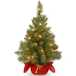 National Tree Company 24 in Pre-Lit Majestic Fir Mini Artificial Christmas Tree, 35 Clear Lights, 71 Tips, Red Cloth Base, Green