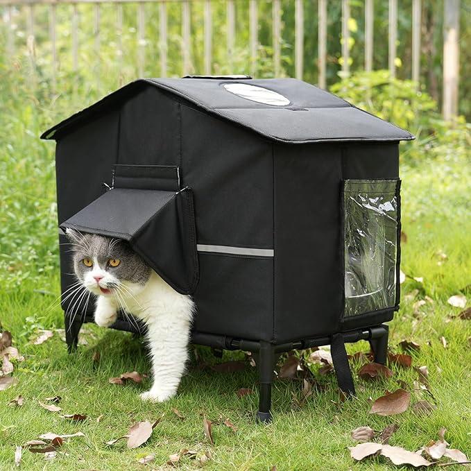 Veehoo Outdoor Cat House Weatherproof, Elevated Insulated Feral Cat Shelter | Outdoor stray cats shelter, waterproof eaves, escape door, portable, easy to assemble, 16.9"x13.0"