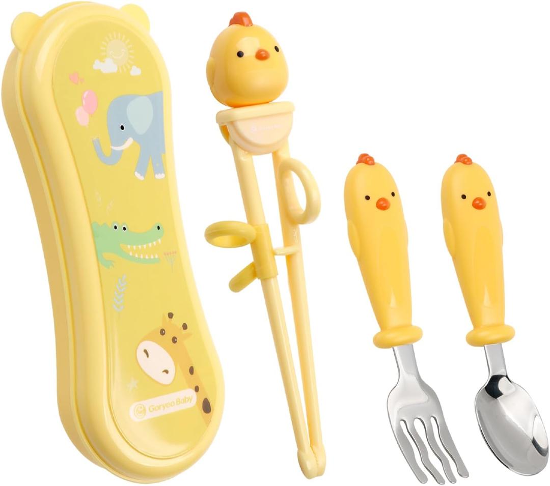 Toddler Utensils Stainless Steel Kids Silverware Set with Kids Spoons and Forks Set and Kids Chopsticks for Self Feeding Learning with Portable Case (Yellow)