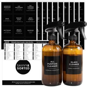 Black Laundry Labels for Jars, 136 Preprinted Home and Laundry Stickers for Storage Bins, Cleaning Jars, Bathroom Spray Bottles, Linen Closet, Household Organization