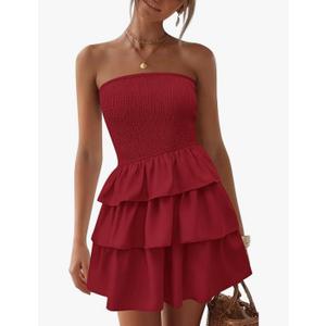 BTFBM Summer Dresses for Women Beach Dresses Strapless Boho Sundress Solid Color Tube Mini Dresses Party Dresses S