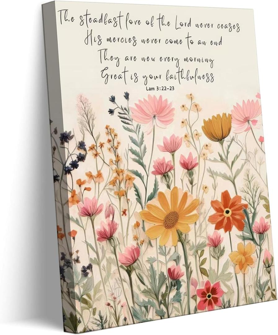 BBQCBA Christian Floral Scripture Canvas Wall Art Wildflower Bible Verse Posters Prints Steadfast Love Of Lord Religious Faith Wall Decor Picture for Living Room Bedroom Decoration (16x24in)
