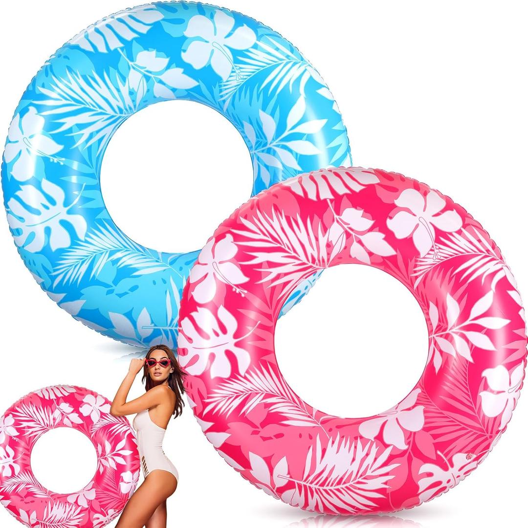 ShinyRelief 2 Pcs Pool Tubes for Adults 42inch Large Inflatable Floats Tube Tropical Leaves Inflatable Pool Floats Rings Colorful Swimming Ring Summer Hawaii Swimming