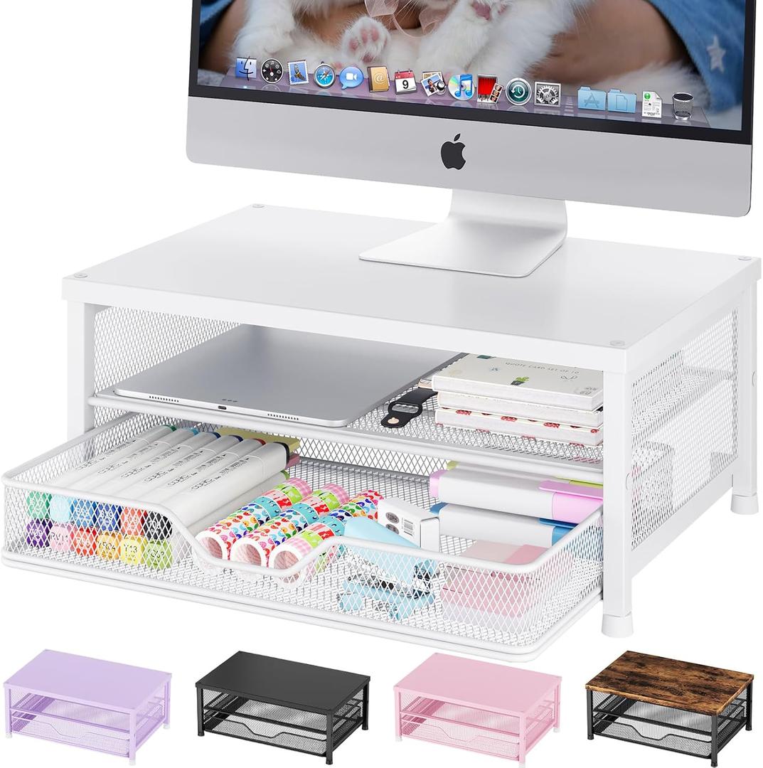 OPNICE Computer Monitor Stand Riser, Desk Organizer with Drawer, Laptop Stand, Office Desk Accessories & Workspace Desktop Organizers Storage for Office Supplies(White)