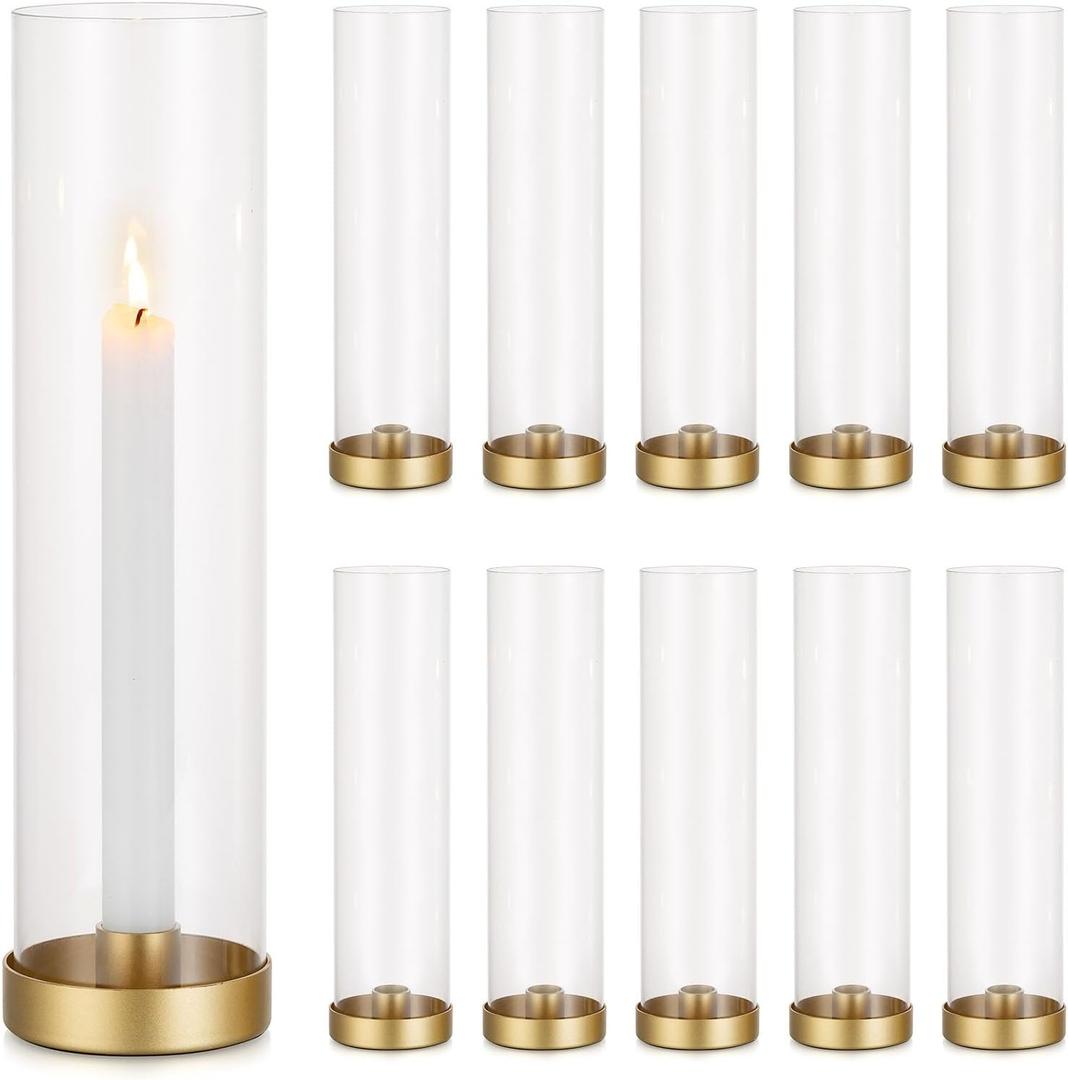 Romadedi Glass Hurricane Candle Holders Gold - 12 Inch Taper Candlestick Holder Bulk Clear Glass Cylinder Table Centerpiece Wedding Decor Party Birthday Christmas Home Decorations, Set of 10